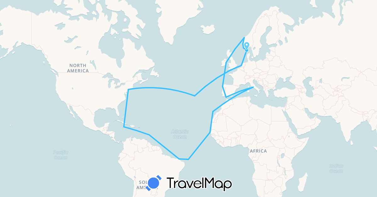 TravelMap itinerary: driving, boat in Barbados, Brazil, Spain, Ireland, Italy, Jamaica, Morocco, Netherlands, Norway, Portugal, Senegal, United States (Africa, Europe, North America, South America)